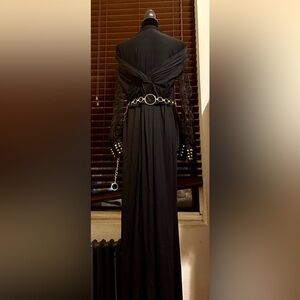 Vintage 1980 Style Jersey Cocktail Jumpsuit Sheer Sleeves Gold Studded Cuffs